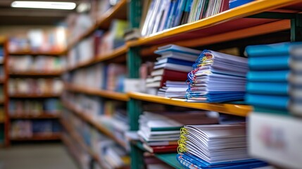 Bulk buying school supplies in a warehouse setting with shelves full of notebooks and pencils for cost-effective shopping