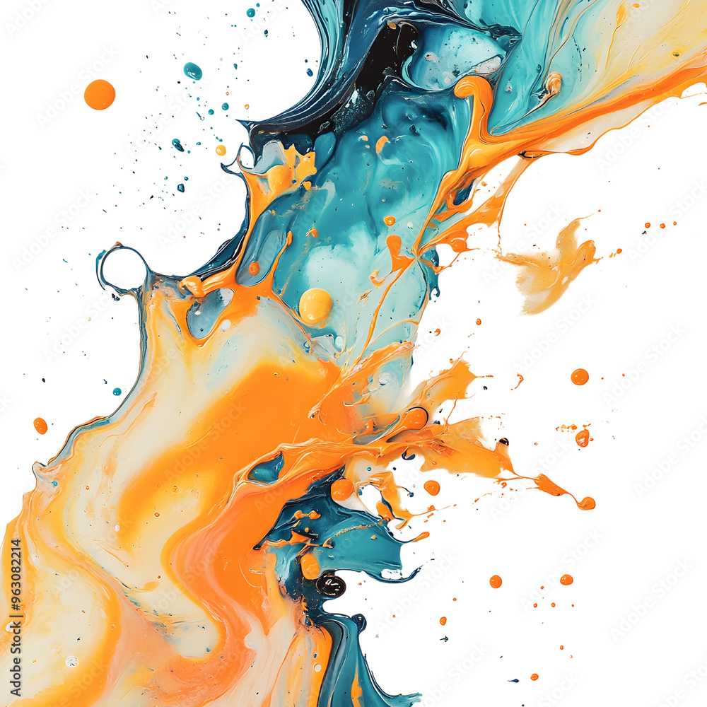 Poster dynamic abstract paint splash in vibrant orange and teal colors isolated on transparent background