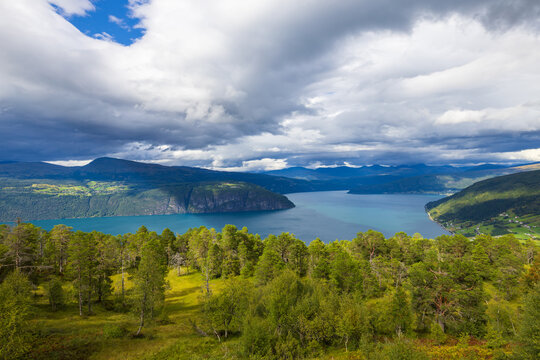 High angle view of the Innvikfjorden from the Bakkane viewpoint in Utvik, Norway