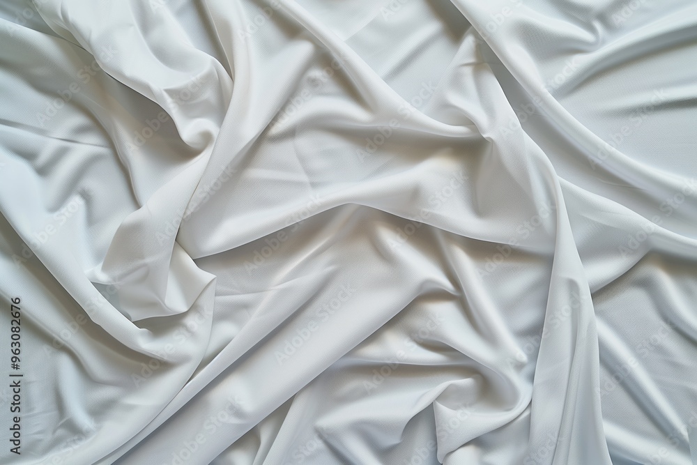 Leinwandbilder Close-up of white fabric possibly sheet or curtain with slight sheen and wrinkles. Fabric texture smooth and slightly crinkled. No texts or objects visible in blurred background.