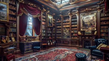 Fototapeta premium an image of a library in a Victorian mansion with velvet drapes and oil paintings