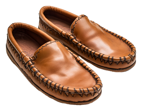 Handcrafted leather moccasins for comfortable indoor wear isolated on transparent background