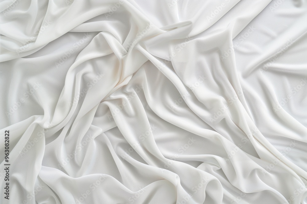 Poster Close-up view of white fabric with subtle texture, possibly sheet or curtain. Fabric slightly wrinkled, background blurred suggesting indoor setting with soft lighting.