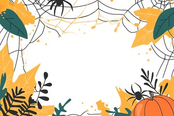 Autumn halloween frame with orange leaves and spiders and their nests