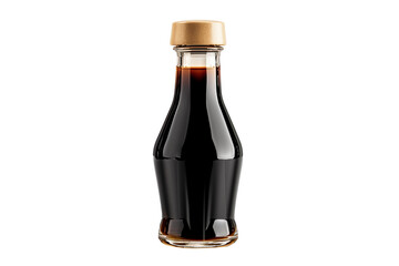 Bottle of soy sauce with a golden cap isolated on a white transparent background. Condiment concept.