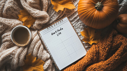 Cozy fall scene with a gratitude list notepad, pumpkin, and knitted scarf on a textured background
