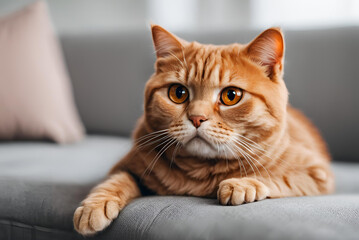 Cozy Charm: Red Scottish Fold with Orange Eyes Relaxing on a Grey Sofa
