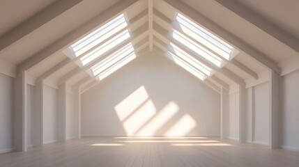 Empty White Room with Skylights and Wooden Floor