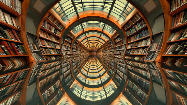 an image of a library with bookshelves that extend into infinity