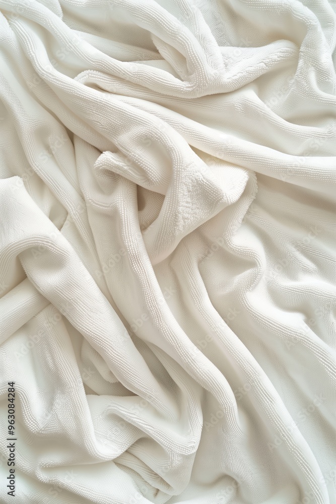 Poster close-up view of white fabric with slightly curled texture against gray background. fabric appears s
