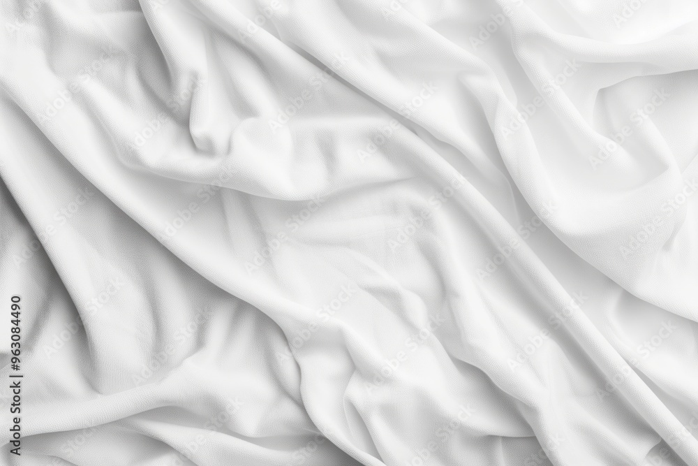 Poster White fabric close-up, folded sheet curtain with intricate folds and subtle shading. Smooth surface covers frame background. Ideal for interior design, textile, fashion, product use.