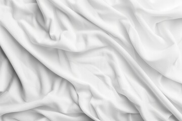 Obraz premium White fabric close-up, folded sheet curtain with intricate folds and subtle shading. Smooth surface covers frame background. Ideal for interior design, textile, fashion, product use.