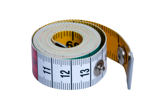 Tailor's tape measure rolled into a roll isolated on a transparent background. Sewing accessories