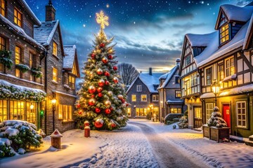 Naklejka premium Festive winter night in snow covered village with christmas tree and cozy houses