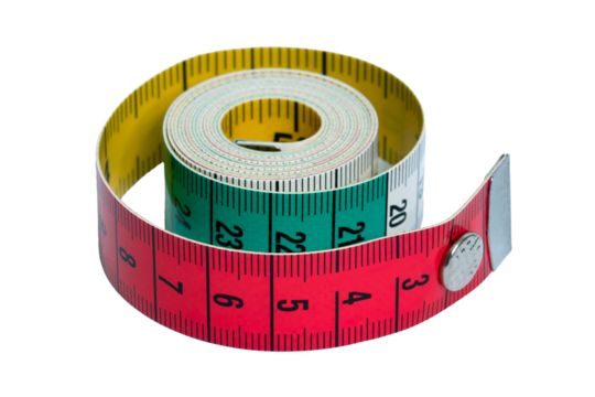 Tailor's tape measure rolled into a roll isolated on a transparent background. Sewing accessories