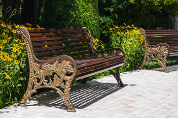 An empty wooden park bench at the edge of a path.