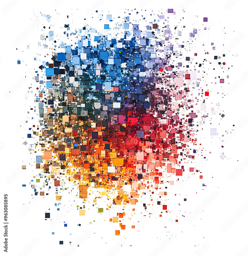 Poster vibrant abstract design with scattered, dynamic squares isolated on transparent background