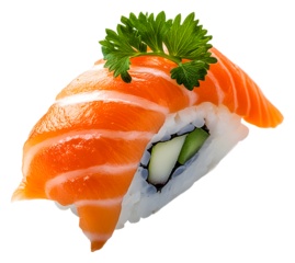 Delicious sushi roll with fresh salmon and cucumber garnish isolated on transparent background