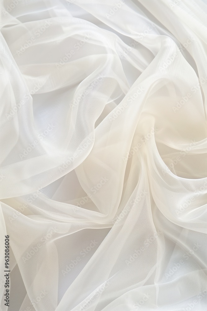 Poster Close-up view of white fabric with subtle texture, possibly chiffon or satin. Fabric folded in half, revealing intricate layers and patterns. Simple gray background allows fabric to stand out.