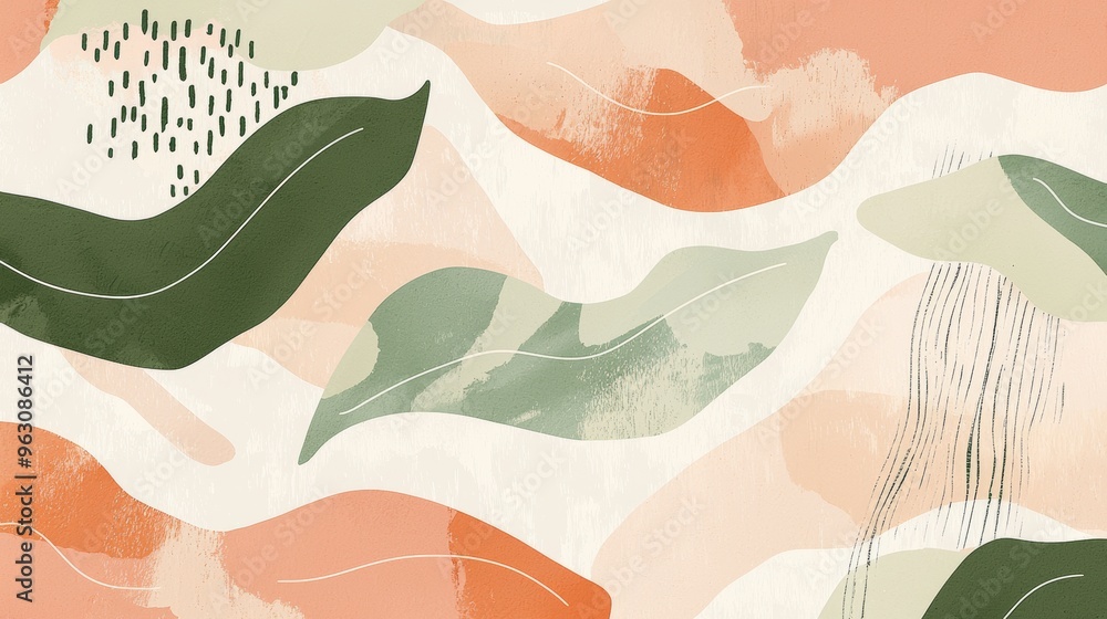 Poster Green and peach abstract organic shapes are overlapping on a cream background, creating a modern and stylish design. This artistic composition is ideal for backgrounds and decorative projects