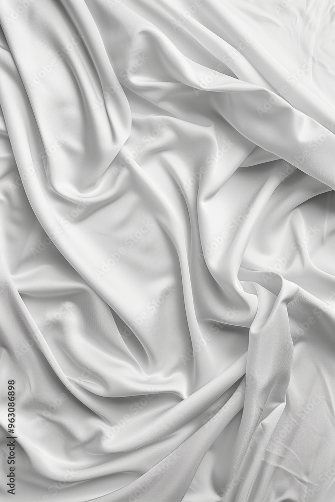 Poster close-up view of white fabric possibly sheet curtain folded in half revealing intricate texture. fab