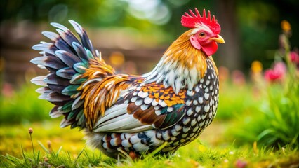 In the heart of a lush paddock, an Appenzeller Spitzhauben chicken's distinctive crest shines brightly, surrounded by a