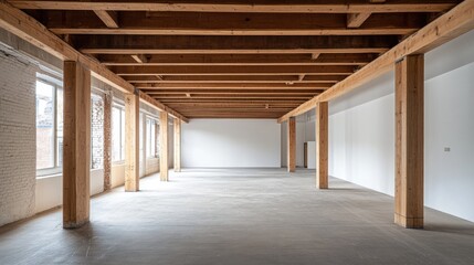 Empty Interior Space with Wooden Beams and Columns