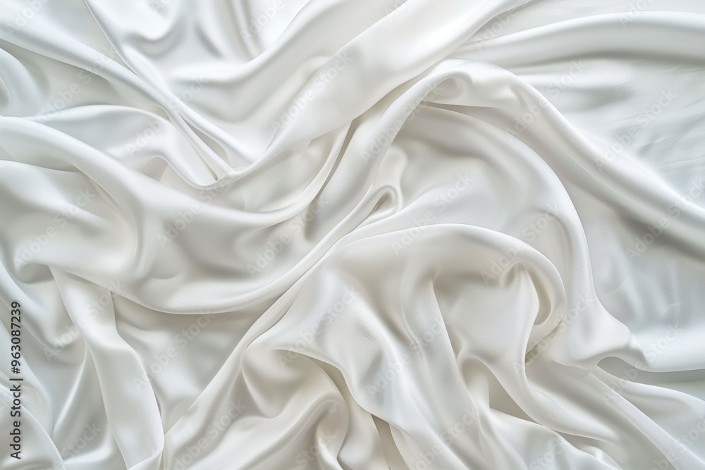 Poster White fabric with slight sheen, folded in half showing intricate texture and folds. Appears to be cotton linen with subtle shade variations adding depth. Focus on fabric details.
