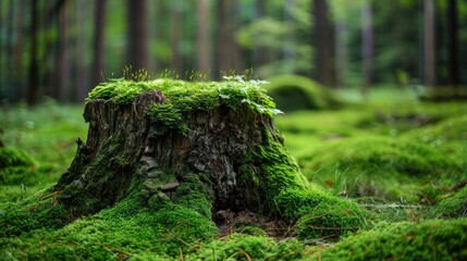 Moss-covered stump in forest with green backdrop, picturesque scene for design with space for text.