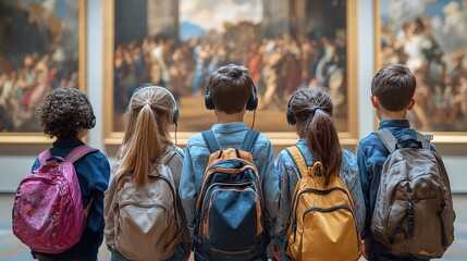 Children exploring art museum with headphones