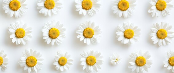 White daisies with yellow centers arranged in rows on a white background.