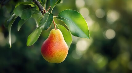 Ripe pear fruit growing on tree