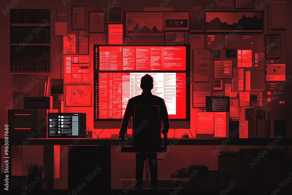 Aufkleber a lone figure sits in a dark room surrounded by glowing computer screens filled with code.