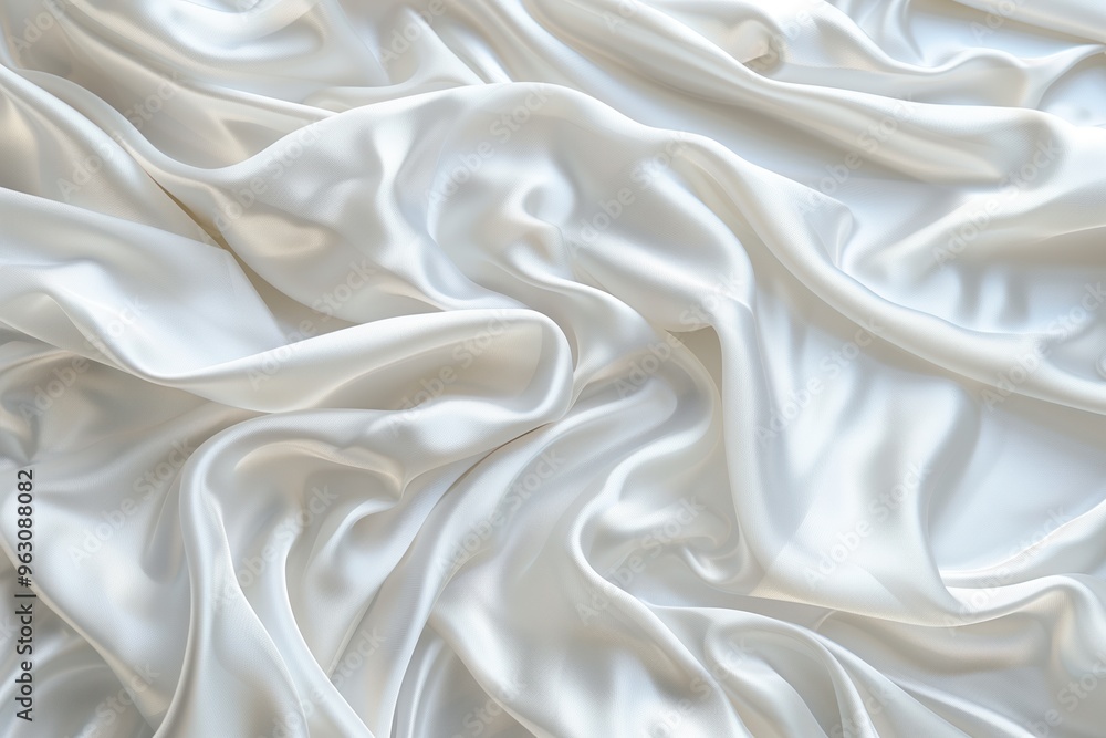 Poster Close-up view of white fabric with subtle sheen, possibly silk or satin. Fabric folded in half revealing intricate texture and structure. Blurred background creates intimate atmosphere.