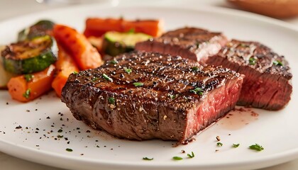 Juicy Grilled Steak with Roasted Vegetables on White Plate