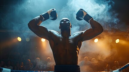 Naklejka premium A triumphant boxer with raised gloves in the ring, basking in the applause of the audience