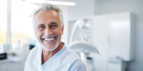 Obraz premium The snow-white smile of a middle-aged man in the dentist’s office. Generative AI.