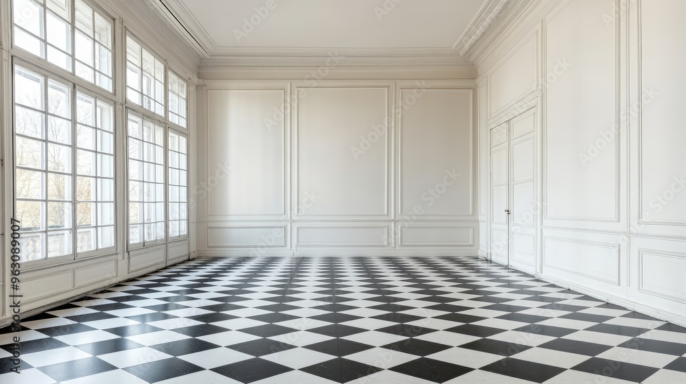 Wall mural checkerboard floor in a white room with a large window