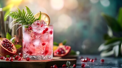 Bright pink cocktail, clear glass, ice cubes, green fern garnish, wooden serving board, pomegranate seeds, soft focus background, vibrant colors, refreshing beverage, artisanal drink.