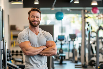 Fototapeta premium Muscular personal trainer is smiling with his arms crossed in a gym