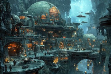 Obraz premium Fantastical futuristic sci fi city landscape with floating platforms, hovering vehicles, and glowing architecture