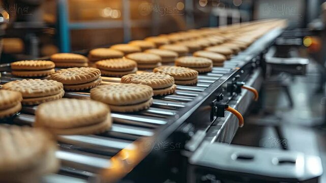 video of employees organize cookies on a conveyor belt within a food production facility