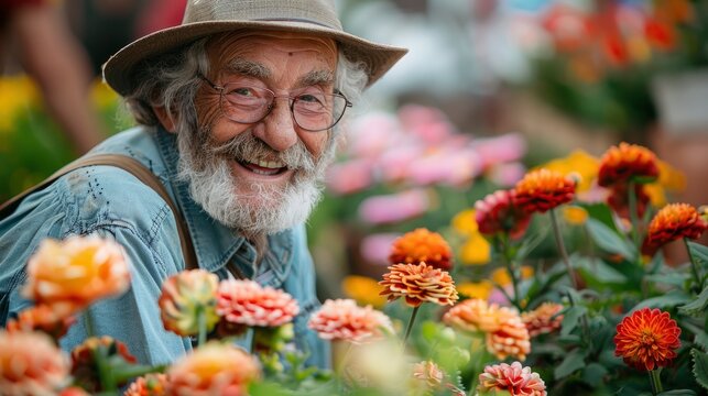 A delighted gardener showcasing a prize-winning flower at a horticultural show, with colorful blooms all around