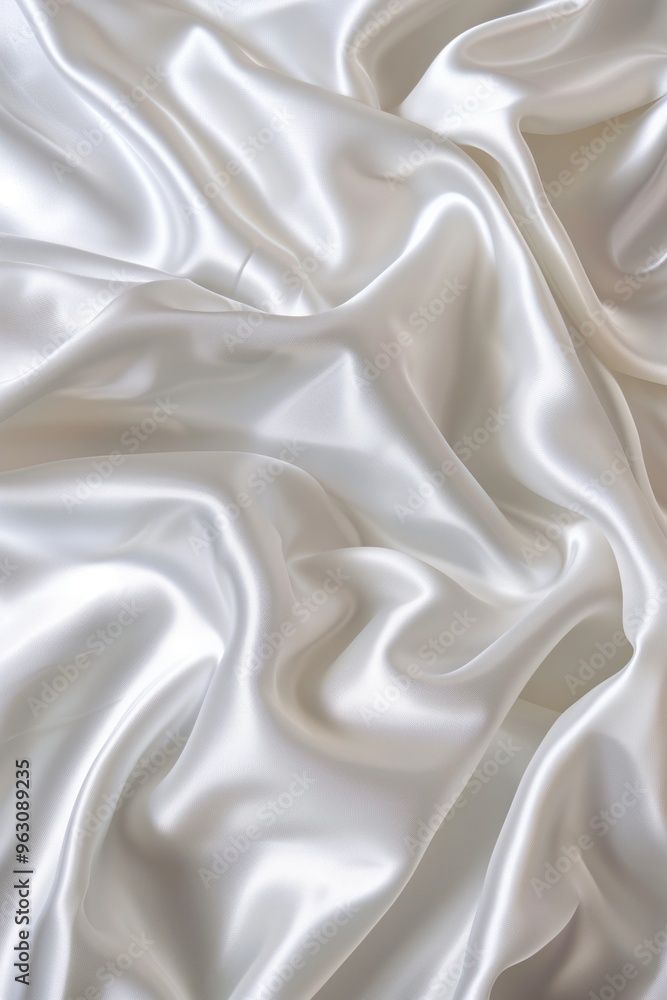 Poster Close-up view of white satin fabric with intricate texture, interplay of, shadow. Fabric folded in half to smooth surface. Dark gray background provides contrast fabric features.