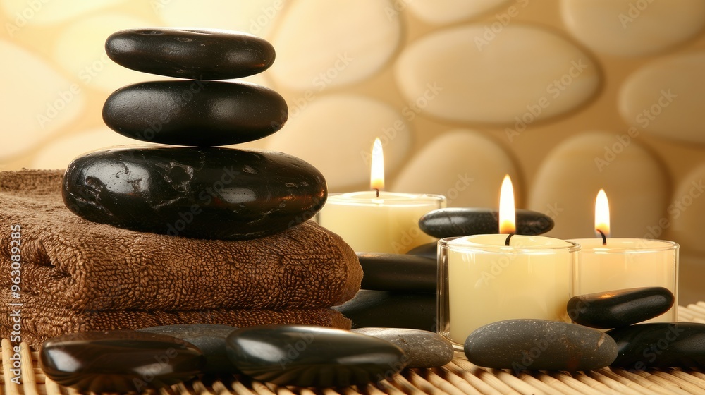 Wall mural a stack of hot stone and candles for massage