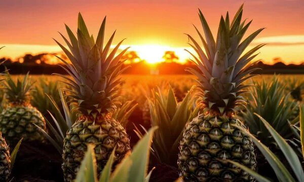 pineapple fruits in garden on nature background