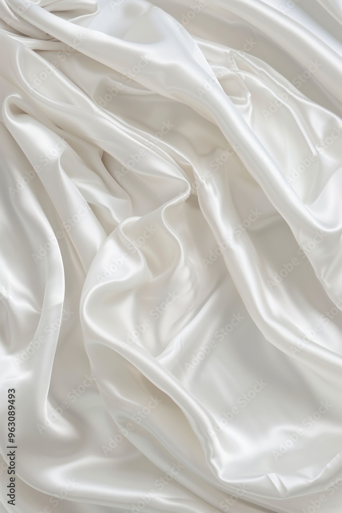 Poster White satin fabric with subtle sheen. Fabric folded in half reveals intricate texture and layers. Gray background contrasts with vibrant white fabric for a striking composition.