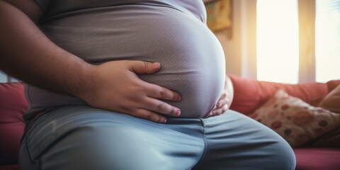 Overweight man touching his belly with hands. Generative AI.