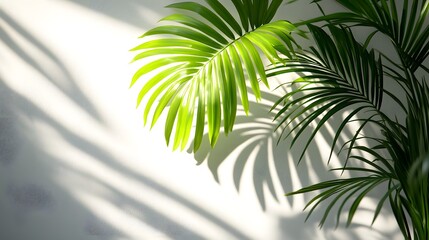 Obraz premium Bright tropical palm leaf, vibrant green fronds, sunlight streaming through, crisp leaf shadows, white textured wall background, close-up botanical detail, fresh and lush, natural light.