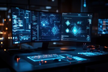 Fototapeta premium A futuristic workspace featuring holographic technology projections that display innovative concepts and inventions. 